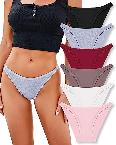 FINETOO 6 Pack String Unterwäsche für Frauen Baumwolle High Cut Stretch Atmungsaktiv Low Rise Hipster Cheeky Bikini Höschen S-XL, 6er-Pack A (schwarz, weiß, grau, weinrot, rosa, dunkelviolett), L von FINETOO