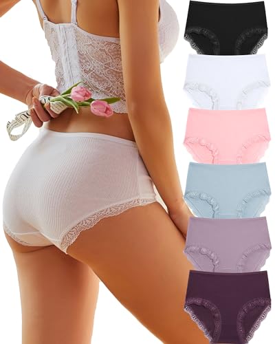 FINETOO 6er Pack Hohe Taille Baumwoll Unterwäsche Damen Spitze Unterhosen Slips Frauen Hipster Set High Waist Slip Panties Mehrpack L-3XL von FINETOO