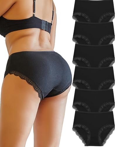 FINETOO 6er Pack Hohe Taille Baumwoll Unterwäsche Damen Spitze Unterhosen Slips Frauen Hipster Set High Waist Slip Panties Mehrpack L-3XL von FINETOO