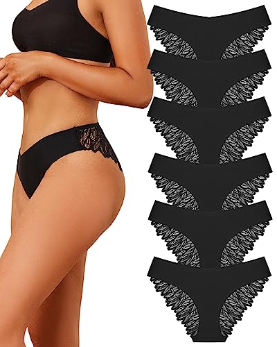 FINETOO 6er Pack Nahtlose Unterwäsche Seamless Slips Damen Spitzen Hipster Frauen Sexy V Waisted Unterhosen Angenehme Panties Brasilien Passform S-XL von FINETOO