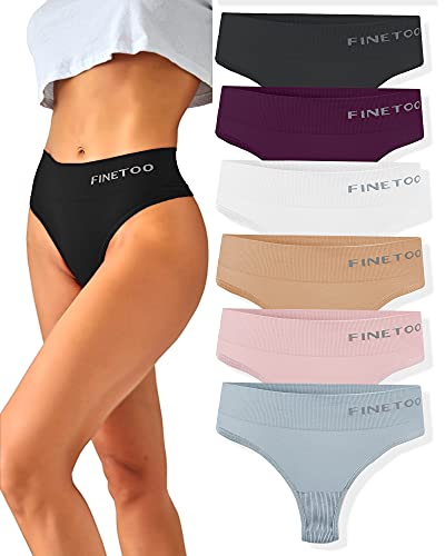 FINETOO 6er-Pack Strings mit hoher Taille für Frauen, Nylon Spandex Panties atmungsaktiv weich dehnbar Unterwäsche High Rise S-XL, 6 Stück, Large-X-Large von FINETOO
