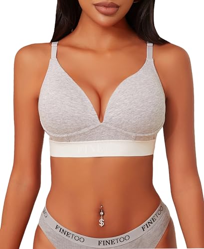 FINETOO Kabellose BHs für Damen, bequem, volle Abdeckung, Push-up-BH, Baumwolle, Bralette, leicht gefüttert, V-Ausschnitt, sportlich, gekreuzte Rückenträger, Grau, Medium von FINETOO