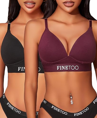 FINETOO Kabellose BHs für Damen, bequem, volle Abdeckung, Push-up-BH, Baumwolle, Bralette, leicht gefüttert, V-Ausschnitt, sportlich, gekreuzte Rückenträger, Schwarzlila, small von FINETOO