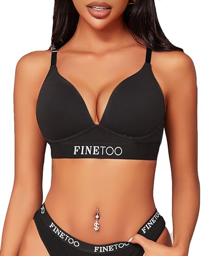 FINETOO Kabellose BHs für Damen, bequemer BH, volle Abdeckung, Baumwolle, Bralette, leicht gefüttert, Damen-BHs, V-Ausschnitt, sportlich, gekreuzte Rückenträger, BH, Schwarz, Medium von FINETOO