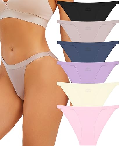 FINETOO Nahtlose Unterwäsche für Frauen High Cut String Bikini Höschen Low Rise Hipster Damen Sexy Freche Unterwäsche Brief, 6er-Pack (schwarz, rosa, khaki, blau, lila, elfenbeinfarben), S von FINETOO