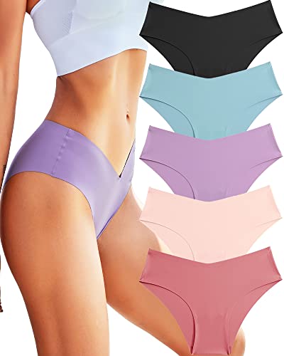 FINETOO Seamless Slips Damen Nahtlose Hipster Soft Panties Invisibles Unterhosen Sexy Unterwäsche Frauen No Show Underwear V-Waist Slip Mehrpack 5er Pack XS-L von FINETOO