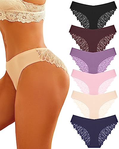 FINETOO Seamless Slips Damen Nahtlose Unterwäsche Spitzen Hipster Frauen Sexy V Waisted Unterhosen Angenehme Panties Passform 6er Pack S-XL von FINETOO