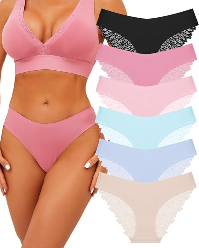 FINETOO Seamless Slips Damen Nahtlose Unterwäsche Spitzen Hipster Frauen Sexy V Waisted Unterhosen Angenehme Panties Passform 6er Pack S-XL von FINETOO