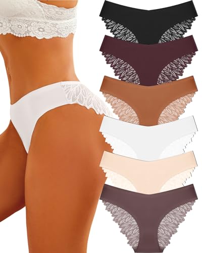 FINETOO Seamless Slips Damen Nahtlose Unterwäsche Spitzen Hipster Frauen Sexy V Waisted Unterhosen Angenehme Panties Passform 6er Pack S-XL von FINETOO