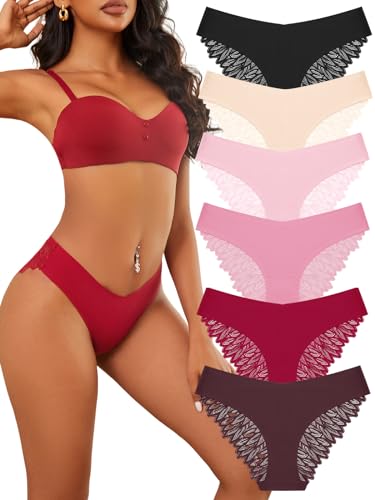 FINETOO Seamless Slips Damen Nahtlose Unterwäsche Spitzen Hipster Frauen Sexy V Waisted Unterhosen Angenehme Panties Passform 6er Pack S-XL von FINETOO