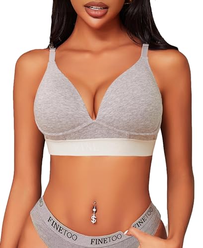 Kabellose BHs für Damen, bequemer BH, volle Abdeckung, Baumwolle, Bralette, leicht gefüttert, Damen-BHs, V-Ausschnitt, sportlich, gekreuzte Rückenträger, BH, GRAU, Large von FINETOO