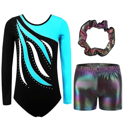 FINGER TEN Gymnastikanzug Mädchen Kurzarm Langarm Kinder Ballettanzug Gymnastik Training Gymnastikbody Trikotanzug Tanz Kleid (Grün, Tag 12A (11-12 Jahre)) von FINGER TEN