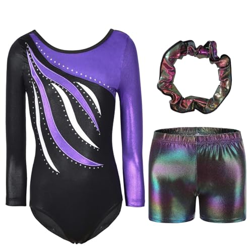 FINGER TEN Gymnastikanzug Mädchen Kurzarm Langarm Kinder Ballettanzug Gymnastik Training Gymnastikbody Trikotanzug Tanz Kleid (Lila, Tag 10A (9-10 Jahre)) von FINGER TEN