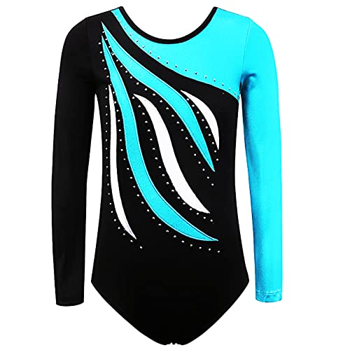 FINGER TEN Gymnastikanzug Mädchen Kurzarm Langarm Kinder Ballettanzug Gymnastik Training Gymnastikbody Trikotanzug Tanz Kleid Ballettkleid (Aqua, Tag 12A (11-12 Jahre)) von FINGER TEN