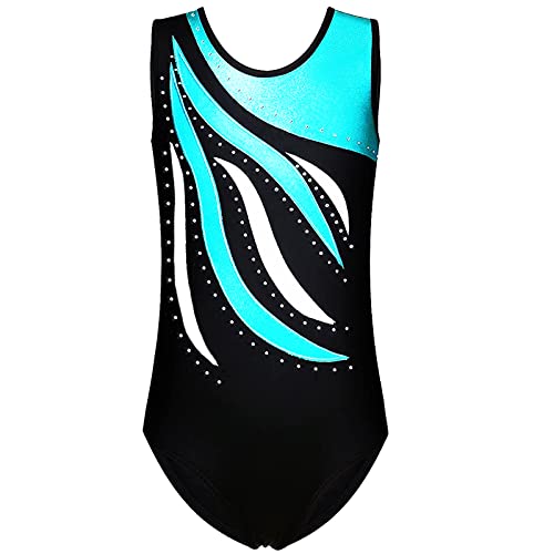 FINGER TEN Gymnastikanzug Mädchen Kurzarm Langarm Kinder Ballettanzug Gymnastik Training Gymnastikbody Trikotanzug Tanz Kleid Ballettkleid (Cyan, Tag 10A (9-10 Jahre)) von FINGER TEN