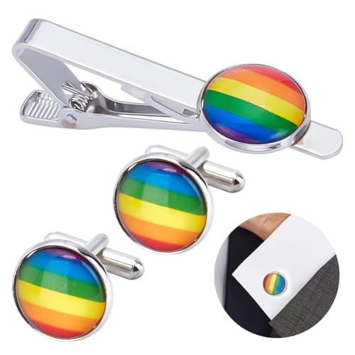 FINGERINSPIRE 1 Paar Regenbogen Manschettenknöpfe Und 1 Teilige Regenbogen Krawattenklammer Runde Regenbogen Manschettenknöpfe Bunte Streifen Manschettenknöpfe Runde Legierung LGBT Krawattenklammer von FINGERINSPIRE