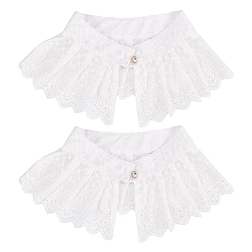 FINGERINSPIRE 2 STÜCKE Spitze Blumen Kragen, Weiß Chokerbluse mit plissiertem Kragen, Bestickt mit Kunstharz Strassknopf, Abnehmbarer Richterkragen, Halskrause für Kleider, Hemden 54x11cm von FINGERINSPIRE