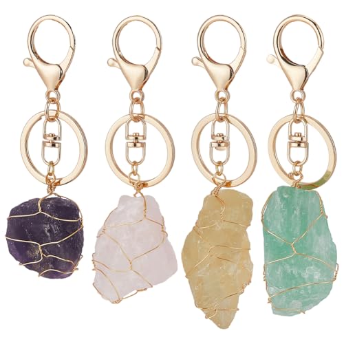 FINGERINSPIRE 4 Stück Schlüsselanhänger Aus Natürlichen Legierungskristallen 4 Stile Drahtumwickelt Unregelmäßiger Rauer Edelstein Amethyst Rosenquarz Fluorit Citrin Kristallstein Schlüsselanhänger von FINGERINSPIRE