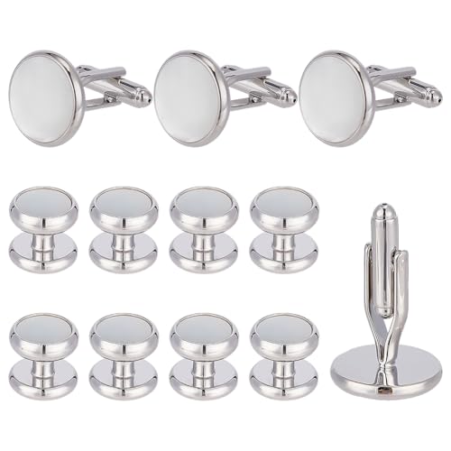 FINGERINSPIRE 5 Paar Manschettenknöpfe Aus Messing Mit Natürlicher Muschel 2 Stile Runde Manschettenknöpfe In Platinfarbe Hemdknopf Und Manschettenknopf Set Aus Messing In Runder Form Für Hochzeiten von FINGERINSPIRE
