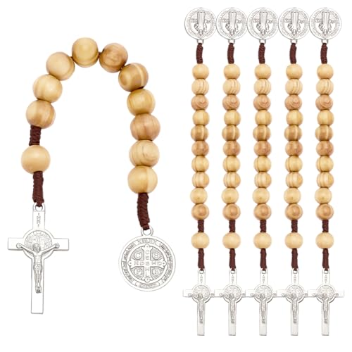 FINGERINSPIRE 6 Stück Holzgebetsperle Mit Benedikt Medaille Und Kruzifix 19cm Großer Taschenrosenkranz Massiver Gebetskranz Aus Holz Mit Heiligenmedaille Und Kreuz Für Gebet Meditation Und Glauben von FINGERINSPIRE