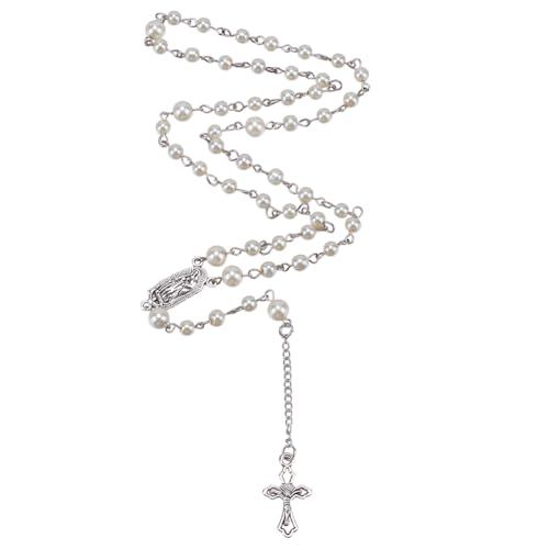 FINGERINSPIRE Gotische Lange Perlen Rosenkranz Kreuz Halskette Weiße Perlen Rosenkranz Halskette Perlenkreuz Vintage Halsketten Kruzifix Mit Medaillen Anhänger Halsketten Katholizismus Gebet Schmuck von FINGERINSPIRE