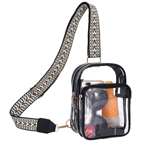 FINGUOLA Transparente Tasche, Stadion-geprüft, transparente Schultertasche für Damen, Konzerte, Sport, Reisen, Wandern, Laufen, mit verstellbarem Riemen, Schwarz, Modisch von FINGUOLA