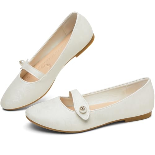 FINIWOR Mary Jane Flats für Damen, Blumendruck mit Perlenschnalle, PU-Leder Slip-On Ballerinas, Weiss/opulenter Garten, 38.5 EU von FINIWOR