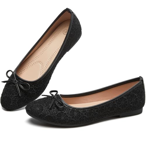 Schwarze Ballerinas für Damen, spitzer Zehenbereich, bequem, elegant, zum Hineinschlüpfen, mit Schleife, Schwarz, Schwarz, 39.5 EU Schwarze Ballerinas für Damen, spitzer Zehenbereich, bequem, elegant, zum Hineinschlüpfen, mit Schleife, Schwarz, Schwarz, 39.5 EU von FINIWOR