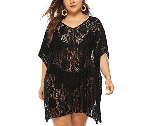 FINIZO Damen Badeanzug Strand Cover Up Spitze Bikini Beachwear Plus Size Strand Bikini Durchsichtig Bademode - Schwarz - 4X-Large von FINIZO