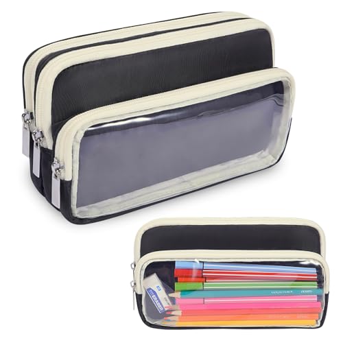 FINPAC Federmäppchen Mäppchen mit 3 Fächer, Große Kapazität Federtasche mit Transparenter Fäche Stiftetasche Schlamperbox Bleistifttasche Schulmäppchen Pencil Case für Schule Büro (Schwarz) von FINPAC