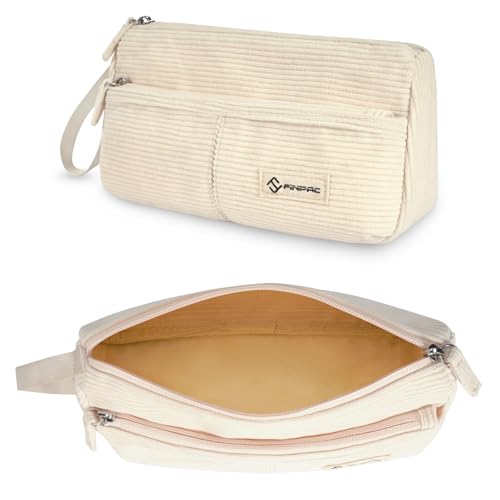 FINPAC Federmäppchen Pencil case, Cord-Stoff Mäppchen mit Handschlaufe Große Kapazität Federtasche Schulmäppchen Schreibwarenbeutel Bleistiftbeutel Stiftetasche für Schule Büro (Beige) von FINPAC