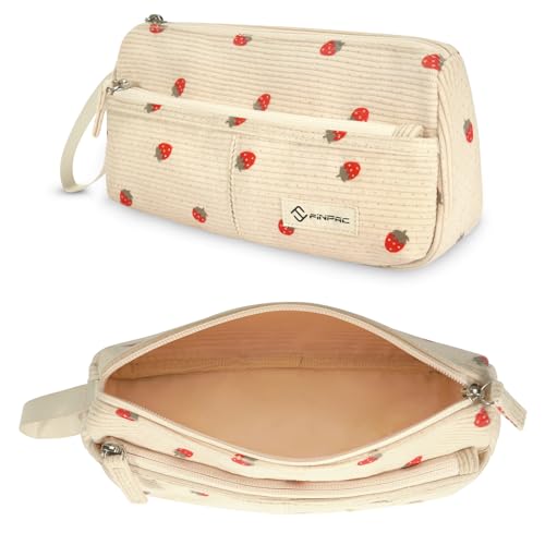 FINPAC Federmäppchen Pencil case, Cord-Stoff Mäppchen mit Handschlaufe Große Kapazität Federtasche Schulmäppchen Schreibwarenbeutel Bleistiftbeutel Stiftetasche für Schule Büro (Erdbeere) von FINPAC