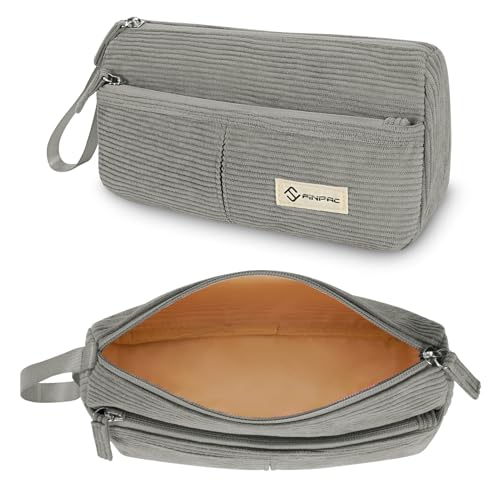 FINPAC Federmäppchen Pencil case, Cord-Stoff Mäppchen mit Handschlaufe Große Kapazität Federtasche Schulmäppchen Schreibwarenbeutel Bleistiftbeutel Stiftetasche für Schule Büro (Grau) von FINPAC