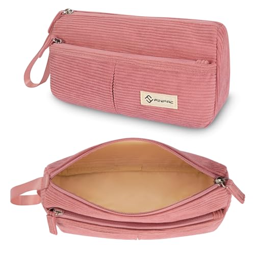 FINPAC Federmäppchen Pencil case, Cord-Stoff Mäppchen mit Handschlaufe Große Kapazität Federtasche Schulmäppchen Schreibwarenbeutel Bleistiftbeutel Stiftetasche für Schule Büro (Rosa) von FINPAC
