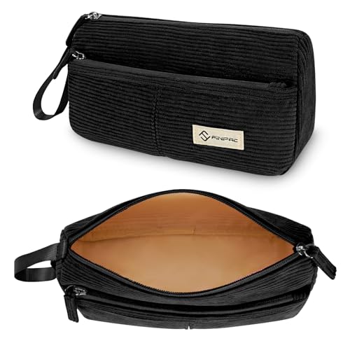 FINPAC Federmäppchen Pencil case, Cord-Stoff Mäppchen mit Handschlaufe Große Kapazität Federtasche Schulmäppchen Schreibwarenbeutel Bleistiftbeutel Stiftetasche für Schule Büro (Schwarz) von FINPAC
