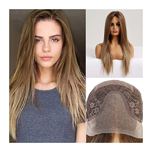 Perücke für Frauen Lange gerade synthetische Perücke 24 Zoll braune gemischte blonde Farbspitze Frontperücken for Frauen 13 * 4 braune Spitze synthetische Perücken wärmebeständige Faser Human Hair Wig von FIONEL