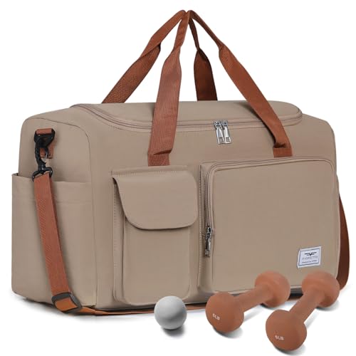 FIORETTO 35L Damen Sporttasche Faltbare Reisetasche mit Schuhfach und Nassfach, Wasserabweisende Weekender Gym Travel Bag Handgepäck Tasche Trainingstasche für Damen Herren Khaki von FIORETTO