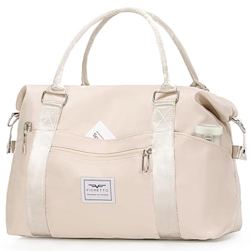 FIORETTO Damen Reisetasche Sporttasche Handgepäck Weekender Bag Schwimmtasche Wasserdicht Travel Bag Duffle Bag Fitnesstasche Trainingstasche für Damen Beige Medium von FIORETTO