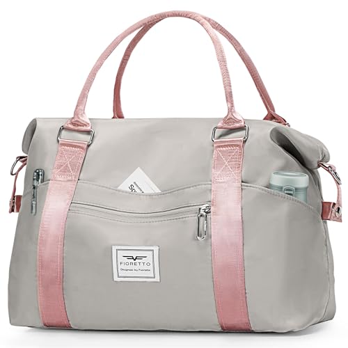 FIORETTO Damen Reisetasche Sporttasche Handgepäck Weekender Bag Schwimmtasche Wasserdicht Travel Bag Duffle Bag Fitnesstasche Trainingstasche für Damen Grau&Rosa Large von FIORETTO