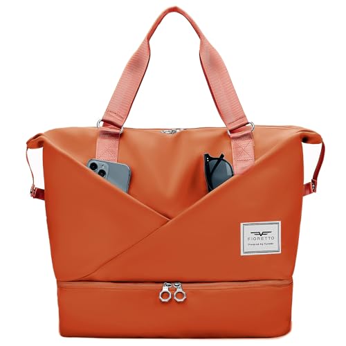 FIORETTO Damen Reisetasche mit Laptopfach, Sporttasche Handgepäck Weekender Bag Schwimmtasche mit separatem Schuhfach und Nassfach Travel Bag Duffle Bag Fitnesstasche Trainingstasche für Damen Orange von FIORETTO