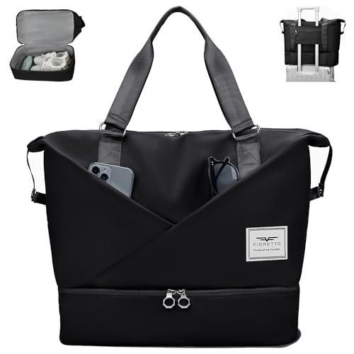 FIORETTO Damen Reisetasche mit Laptopfach, Sporttasche Handgepäck Weekender Bag Schwimmtasche mit separatem Schuhfach und Nassfach Travel Bag Duffle Bag Fitnesstasche Trainingstasche für Damen Schwarz von FIORETTO