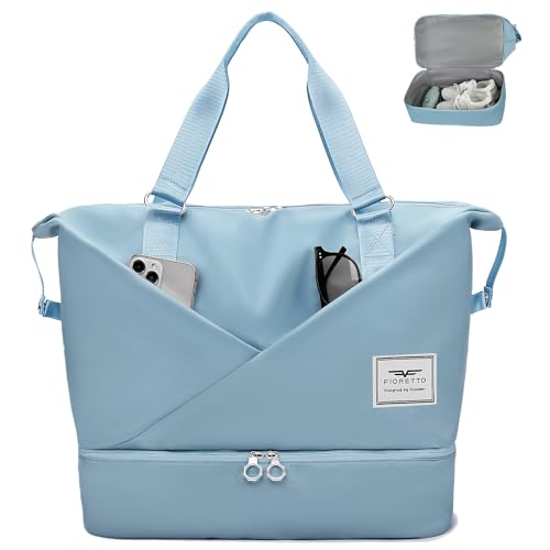 FIORETTO Damen Reisetasche mit Laptopfach, Sporttasche Handgepäck Weekender Bag Schwimmtasche mit separatem Schuhfach und Nassfach Travel Bag Duffle Bag Fitnesstasche Trainingstasche für Damen Blau von FIORETTO