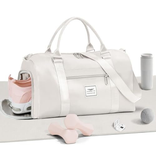 FIORETTO Damen-Sporttasche, Reisetasche mit Schuhfach und Nasstasche, Weekender, Übernachtungstasche, Krankenhaustasche, Handgepäcktasche Beige von FIORETTO