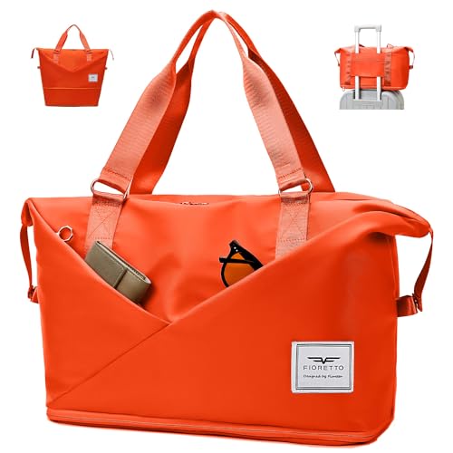 FIORETTO Erweiterbare Damen-Reisetasche, Duffle Bag mit Laptop-Fach, Handgepäck-Tasche mit Trolley-Hülle, Weekender Fitnesstasche Trainingstasche Krankenhaustasche mit Schuhfach und Nassfach Orange von FIORETTO