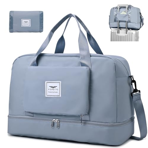 FIORETTO Faltbare Damen-Reisetasche, Wochenend-Krankenhaus-Übernachtungstasche mit Schuhfach und Nassfach, Wasserabweisende Sporttasche Handgepäcktasche Blau von FIORETTO