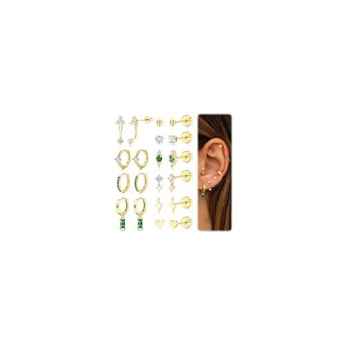 FIOROYAL 10 Paar grüne Ohrringe Set für mehrere Ohrlöcher Edelstahl vergoldet Ohrringe Set CZ Ohrstecker Ohrringe Smaragd Ohrringe Grün Frauen(Gold/Silber)(G) von FIOROYAL