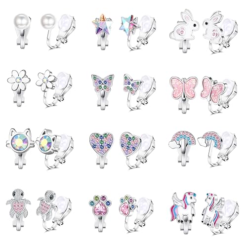 FIOROYAL 12 Paar Kinder Ohrringe Mädchen Hypoallergene Clip Ohrringe Ohne Ohrloch Niedlicher Schmetterling Regenbogen Blume Perle Stern Ohrclips Kinder Schmuck für Mädchen Color von FIOROYAL