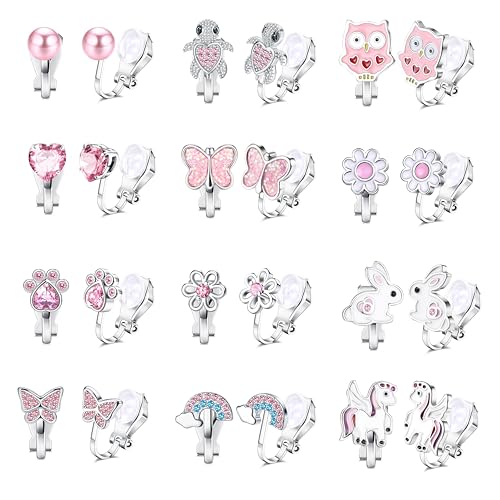 FIOROYAL 12 Paar Kinder Ohrringe Mädchen Hypoallergene Clip Ohrringe Ohne Ohrloch Niedlicher Schmetterling Regenbogen Blume Perle Stern Ohrclips Kinder Schmuck für Mädchen Pink von FIOROYAL