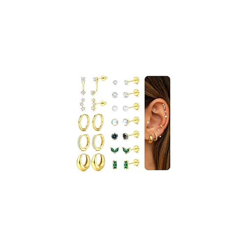 FIOROYAL 12 Paar Ohrring Gold Set für Damen, Chirurgenstahl Medizinische Ohrringe Hypoallergene Ohrstecker Goldene Creolen Ohrringe, Ohringe Edelstahl Damen Helix Knorpel Mehrfache Piercing Ohr Gold von FIOROYAL