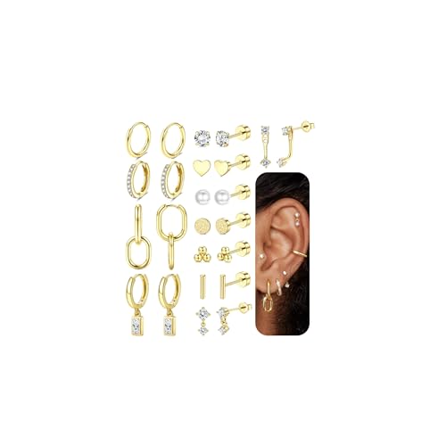 FIOROYAL 12 Paar Ohrringe Gold Set für Damen Chirurgenstahl Ohrringe Klein Creolen Ohrstecker Cartilage Helix Piercing Ohr Hypoallergene Gold/Silber Medizinische Ohrringe Mehrfache Piercings Schmuck G von FIOROYAL